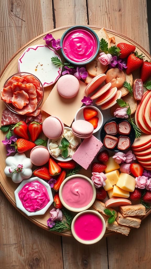 A colorful pink grazing board featuring strawberries, macarons, soft cheese, salami, pink hummus, and pancakes.