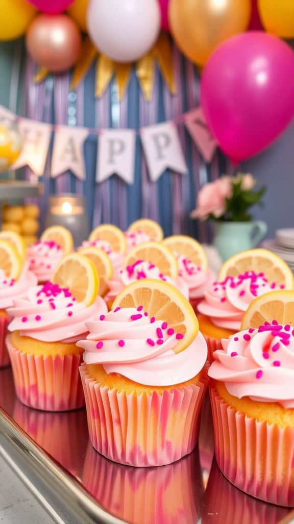 Pink lemonade cupcakes with lemon slices and colorful frosting