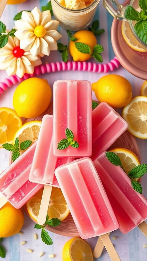 Pink lemonade popsicles arranged with fresh lemons and mint leaves