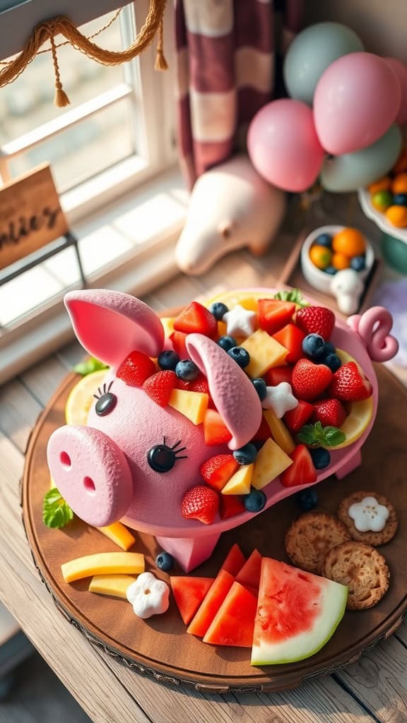 A playful pink pig fruit platter filled with fresh fruits like strawberries and blueberries, perfect for a farm-themed birthday party.