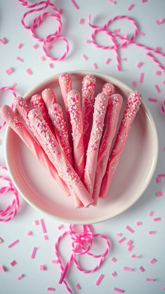 Plate of pink pretzel rods coated with pink chocolate and sprinkles