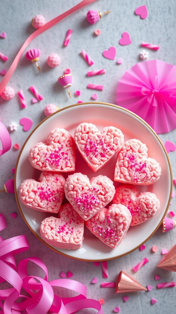 A plate of pink heart-shaped Rice Krispie treats decorated with sprinkles, surrounded by party decorations.