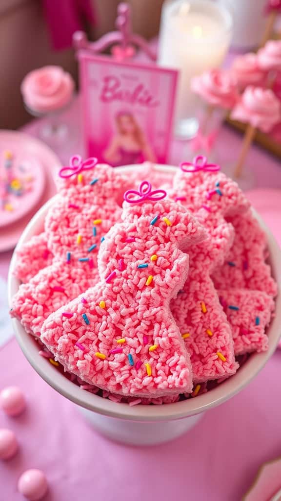 Colorful and festive pink rice krispie treats shaped like dresses, perfect for a Barbie party.