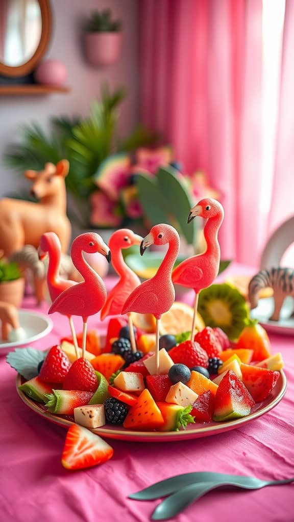 Colorful flamingo fruit skewers on a platter surrounded by assorted fruits.