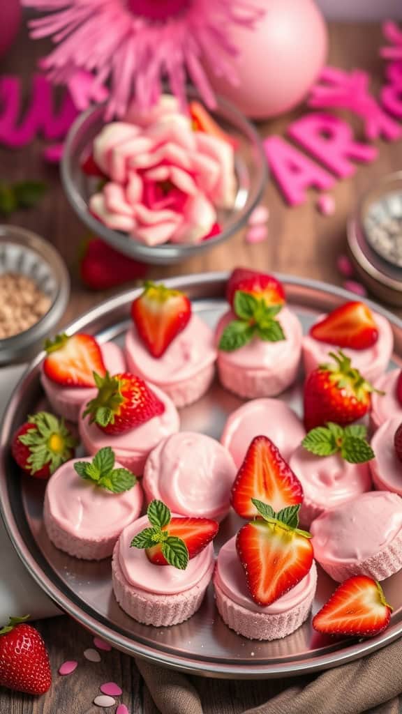 Plate of pink strawberry cheesecake bites decorated with fresh strawberries and mint