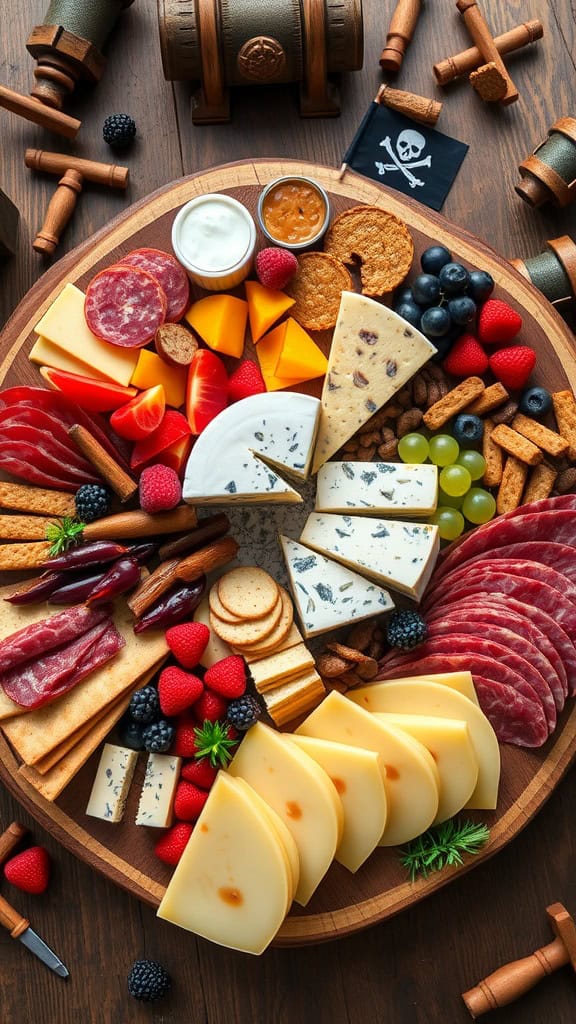 A colorful pirate-themed charcuterie board with a variety of meats, cheeses, fruits, and snacks.