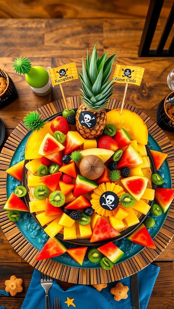 A vibrant pirate-themed fruit platter shaped like a tropical island, featuring an array of colorful fruits.