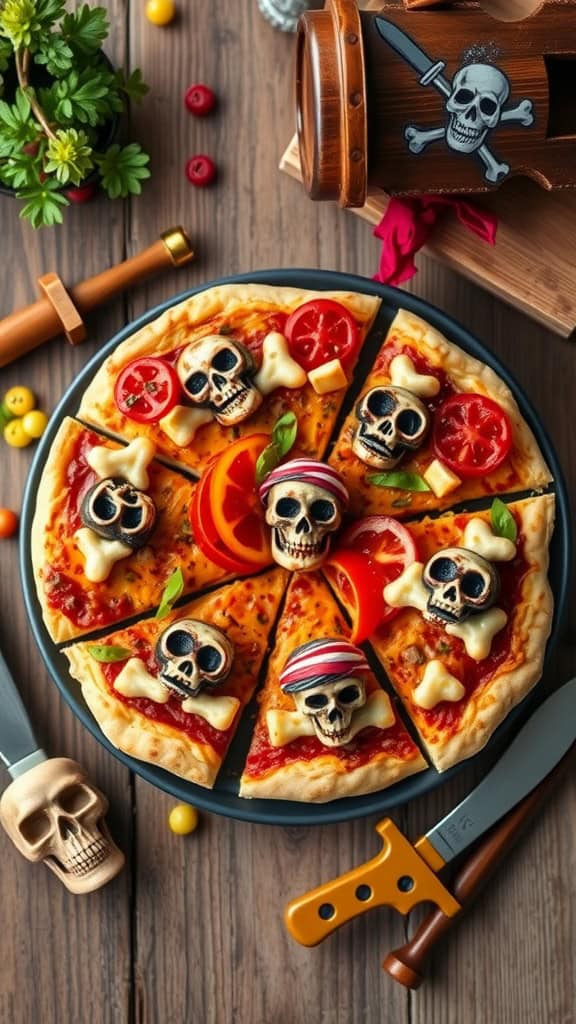 Pirate-themed mini pizzas topped with cheese, pepperoni, and vegetables.