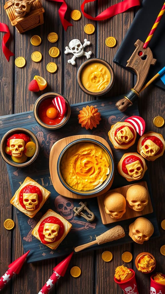 Delicious pirate-themed finger foods, including skull-shaped sandwiches and colorful dips, perfect for a party.