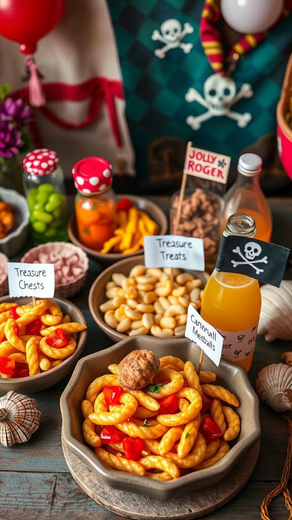 A pirate-themed snack table with various labeled dishes, including colorful pasta and meatballs.