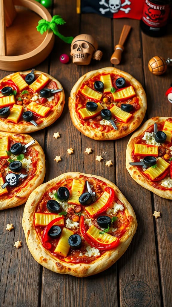 Creative pirate-themed pizzas with various toppings