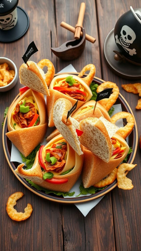 Platter of creative pirate ship sandwiches made with whole wheat bread, decorated with small flags.