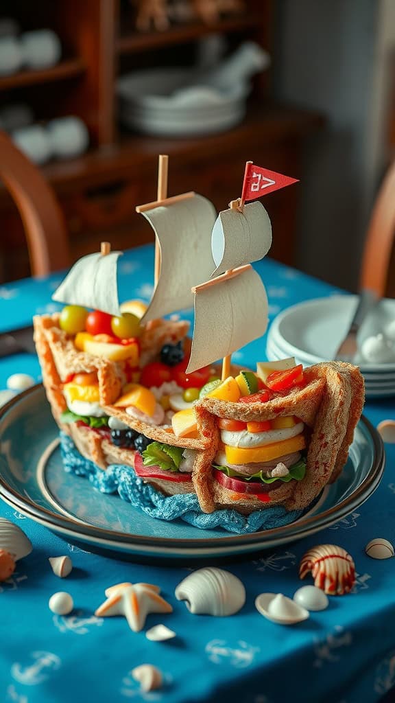 Pirate ship sandwiches made with colorful ingredients and paper sails, perfect for kids' parties.