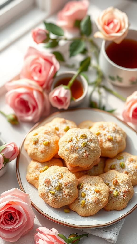 Plate of pistachio and rose water cookies surrounded by roses and tea.