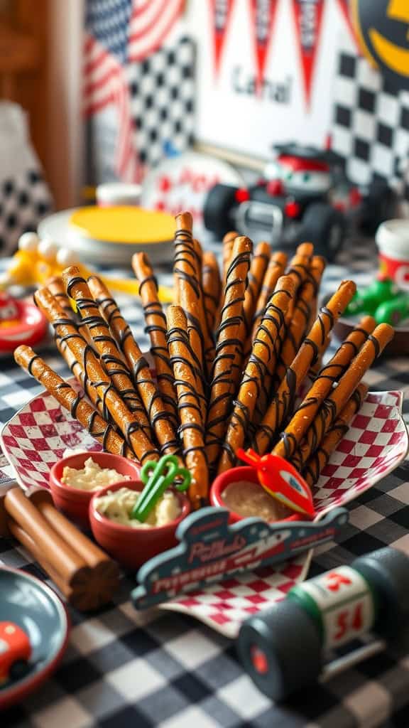 A delicious display of pretzel rods drizzled with chocolate, perfect for a race car themed birthday party.