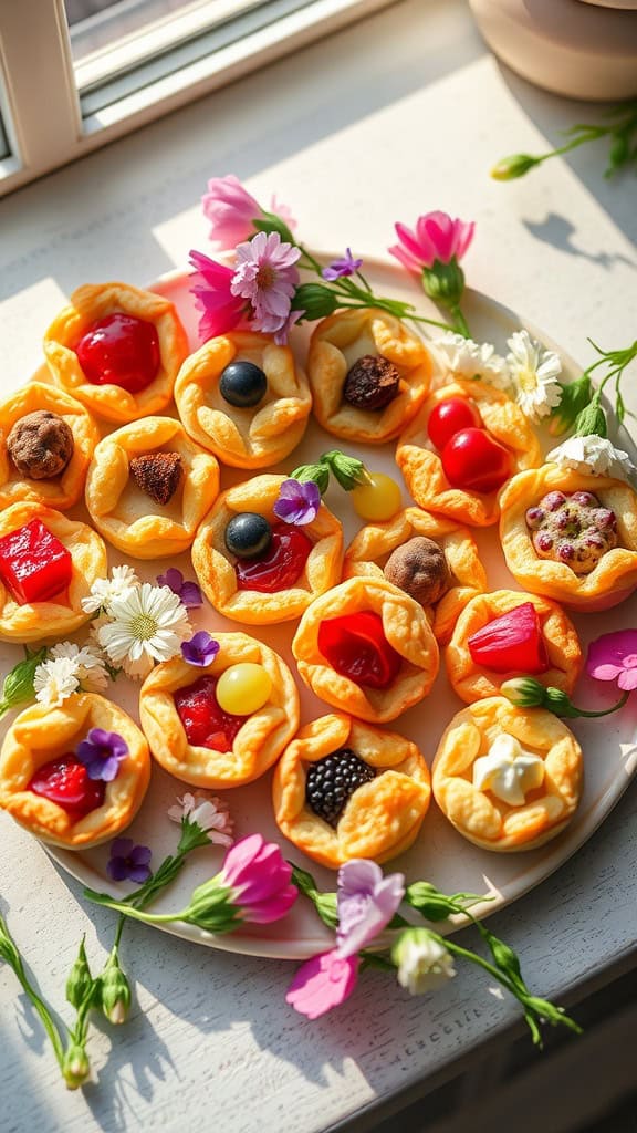 A platter of colorful puff pastry bites filled with sweet and savory ingredients, garnished with flowers.