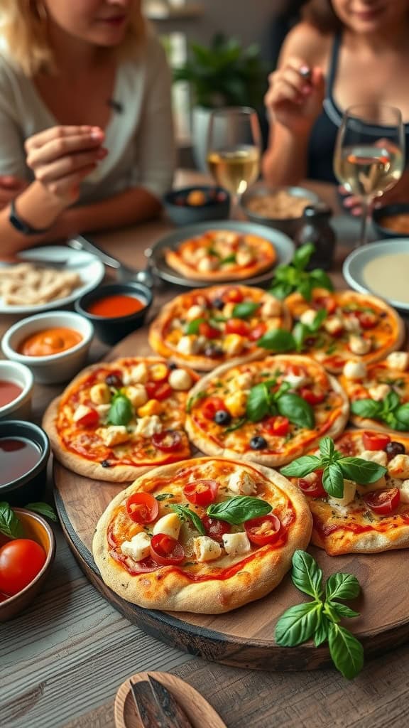 A variety of mini pizzas with fresh toppings on a wooden board.