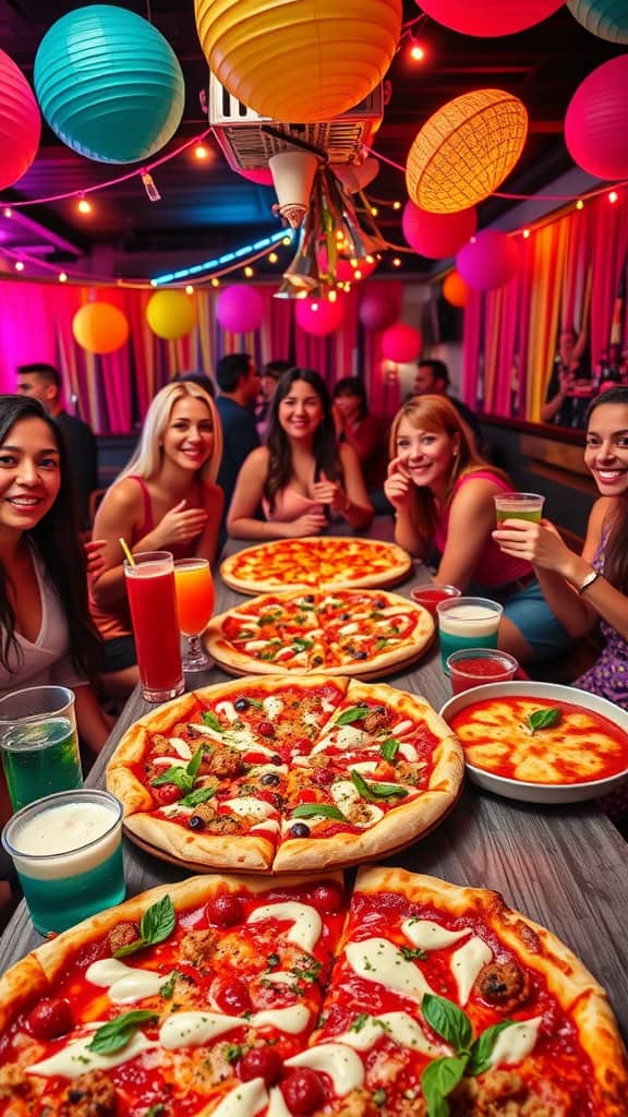 A group of people enjoying a pizza bar at a bachelorette party.