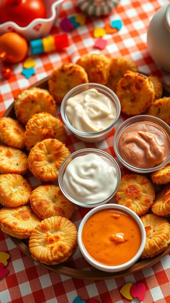 Delicious pizza bites served with a variety of dipping sauces.