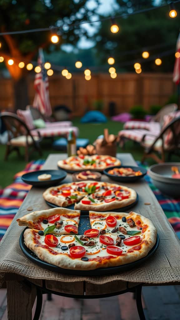 A setup for a make-your-own pizza party in a backyard