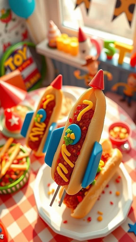 Pizza Planet Rocket Dogs, colorful and fun hot dogs decorated as rockets for a Toy Story party.