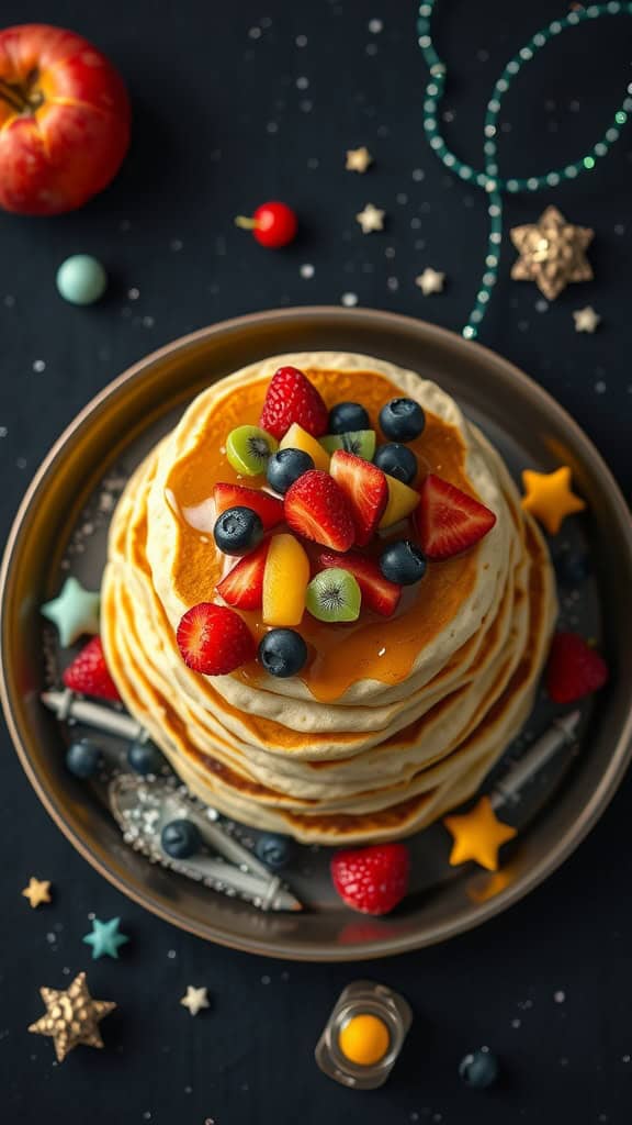 Stack of pancakes topped with colorful fruits and syrup, set against a dark background with star-shaped decorations.