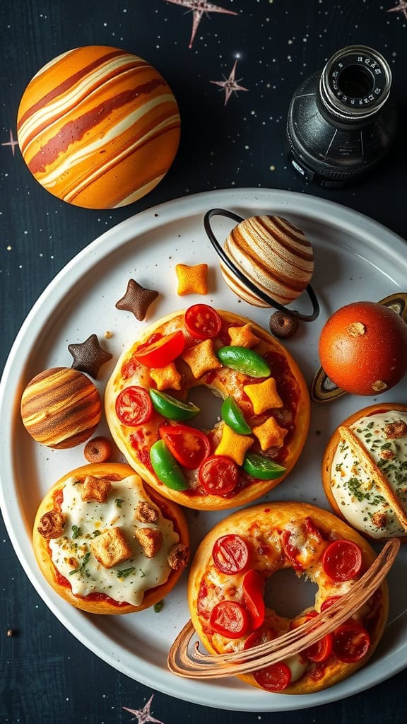 Colorful planet-themed pizza bagels topped with vegetables and cheese