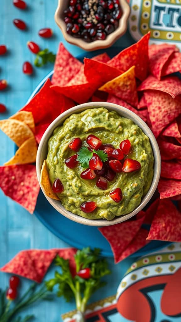 A bowl of pomegranate guacamole topped with red pomegranate seeds, surrounded by colorful tortilla chips.