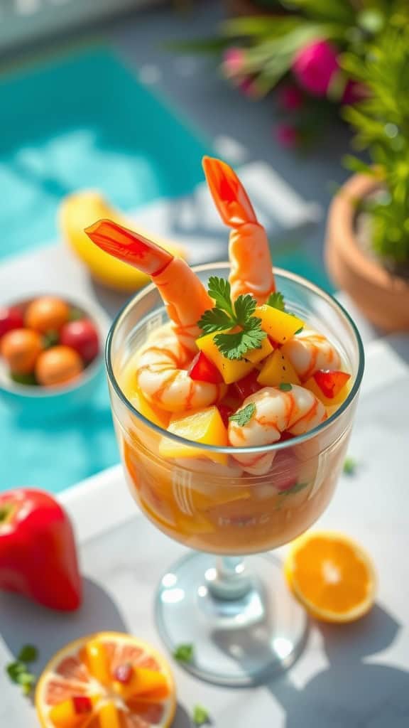 Refreshing Tropical Shrimp Cocktail with Mango Salsa and avocado topping