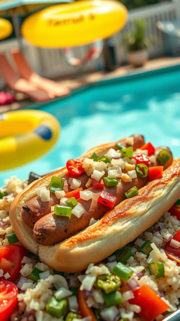 A delicious classic grilled hot dog topped with fresh veggies and sauces, perfect for a pool party.