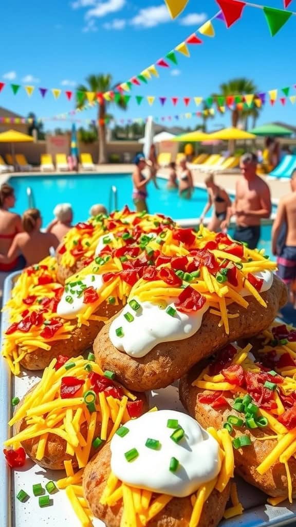 Delicious loaded baked potatoes with an assortment of toppings at a pool party.