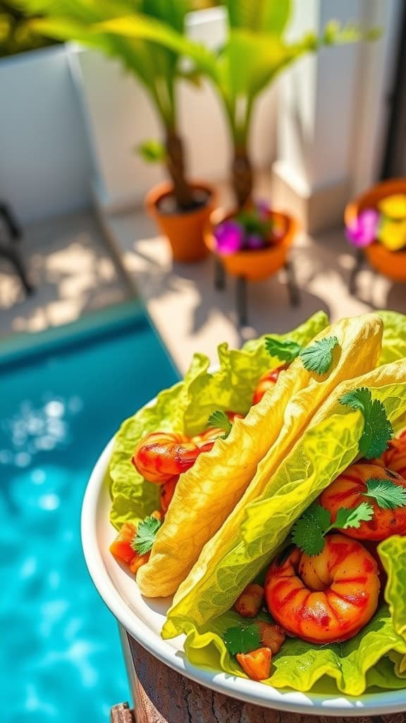 A plate of spicy Cajun shrimp lettuce wraps with fresh ingredients, perfect for a pool party.