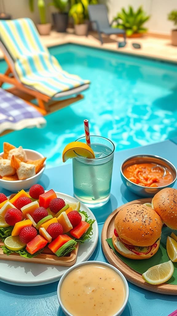 A variety of refreshing pool party snacks including fruit skewers, sliders, and a drink.