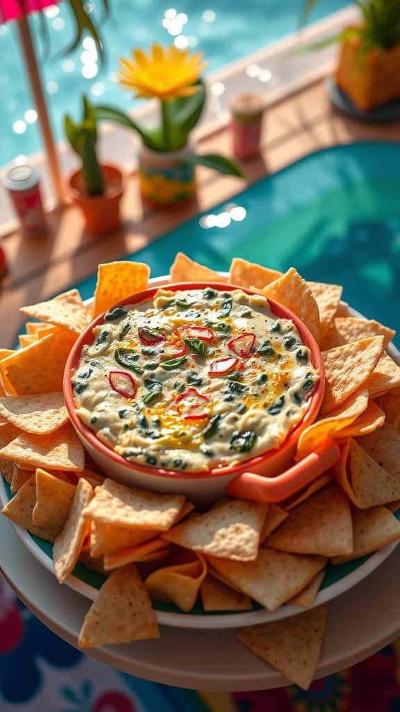 Cheesy spinach and artichoke dip served with crispy pita chips, perfect for a pool party.