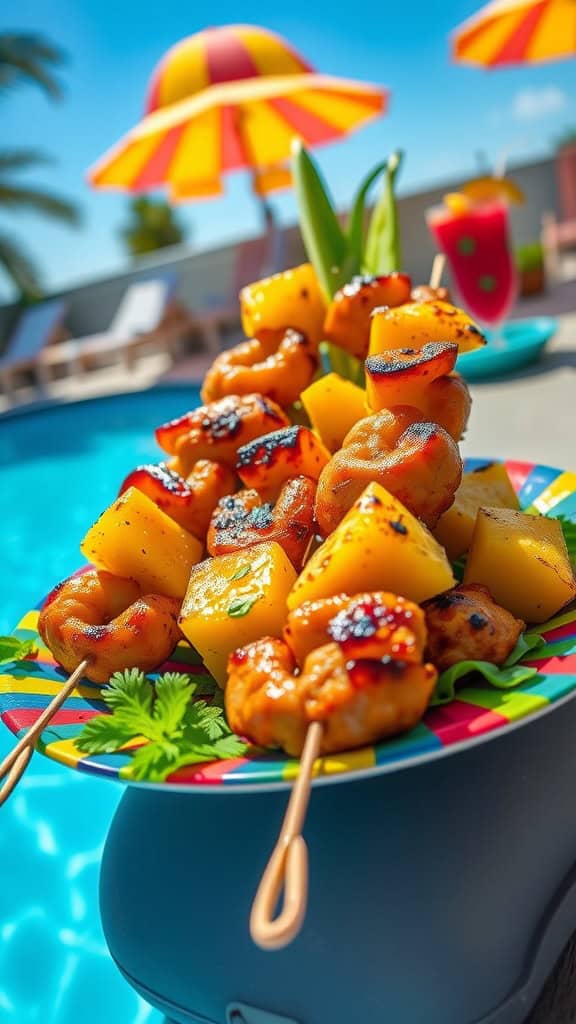 Tropical Chicken Skewers with Pineapple arranged on a colorful plate