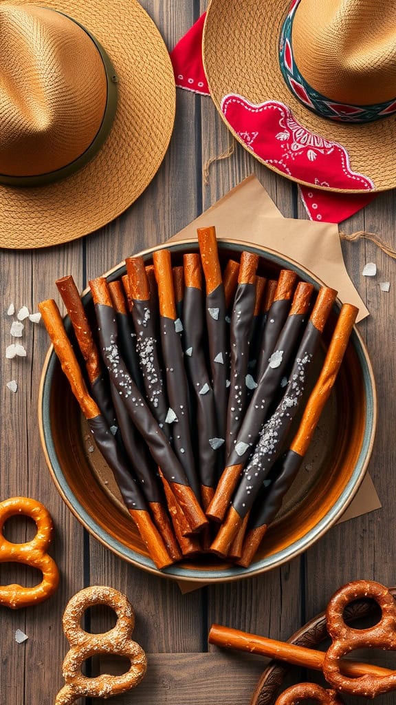 Prairie Pretzel Rods dipped in chocolate, arranged in a rustic bowl, with a few scattered pretzels around.