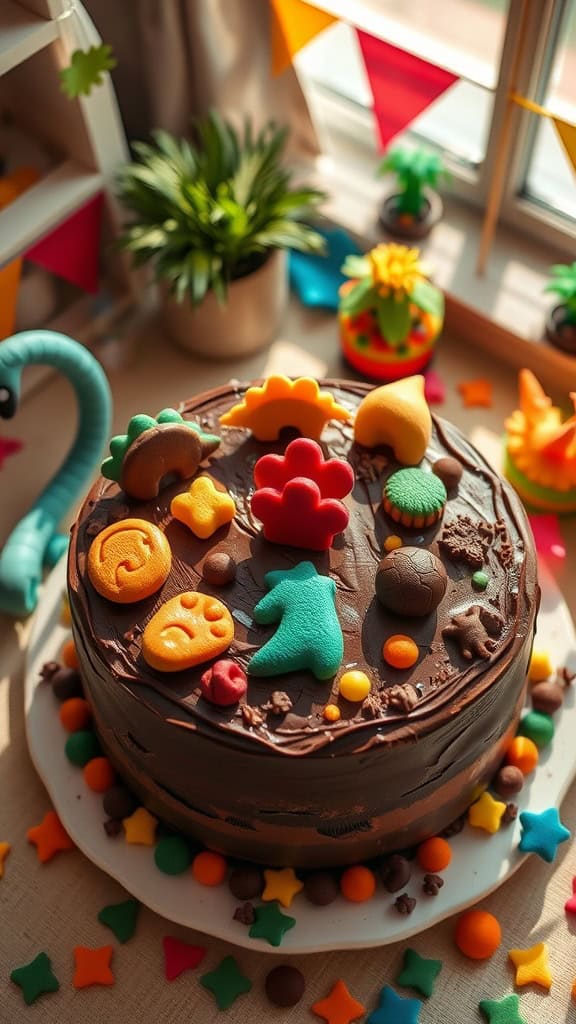 Chocolate cake decorated for a dinosaur birthday party.