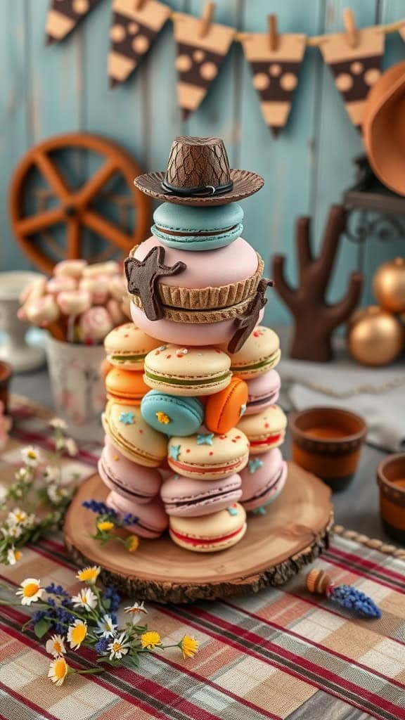 A pastel macaron tower decorated for a cowgirl birthday party.