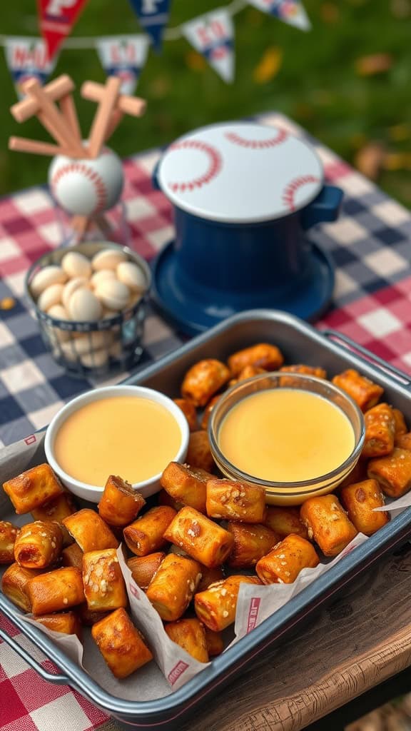 Pretzel bites with cheese dip on a tray