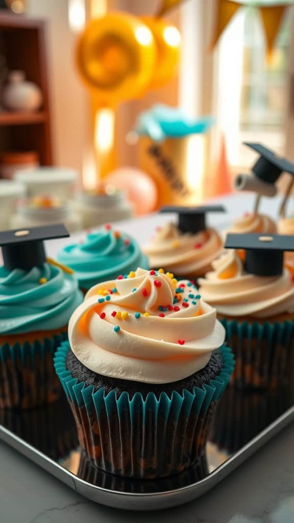 Colorful cupcakes decorated for a graduation party.