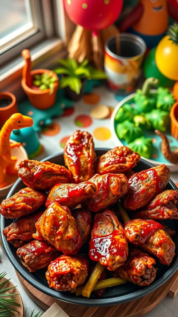 Delicious chicken wings coated in barbecue sauce, perfect for a dinosaur-themed party.