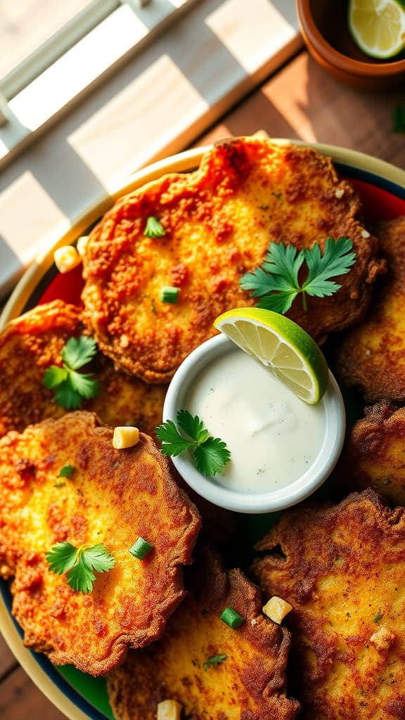 Crispy tostones served with a creamy garlic sauce and garnished with lime and cilantro.