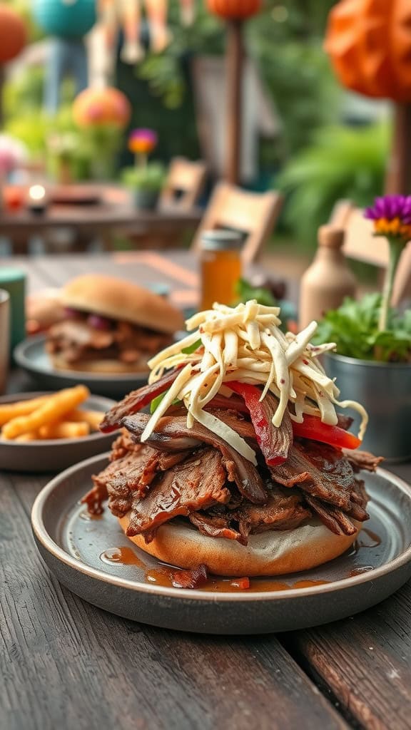 Pulled pork sandwich with toppings on a plate