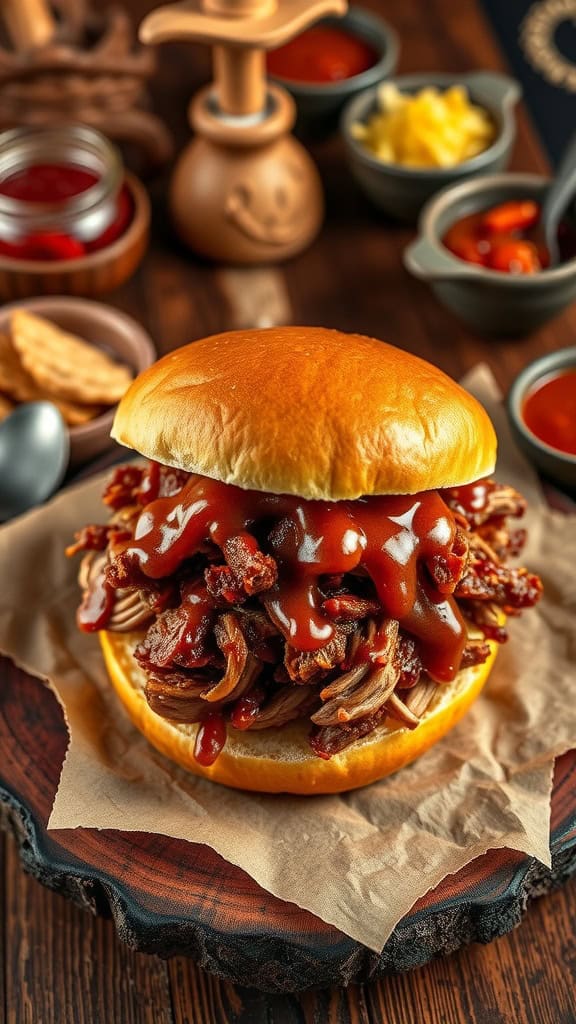 Pulled pork sandwich stacked high with BBQ sauce, served on a wooden plate.