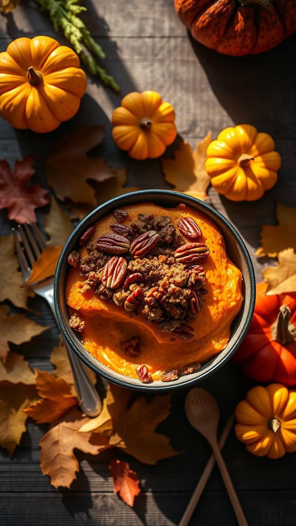 Pumpkin Spice Sweet Potato Casserole with pecans and autumn decorations