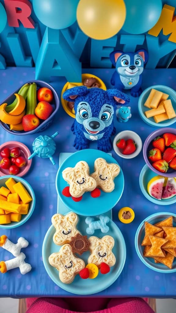 Puppy Bone Sandwiches arranged on a party table, surrounded by colorful snacks and decorations.