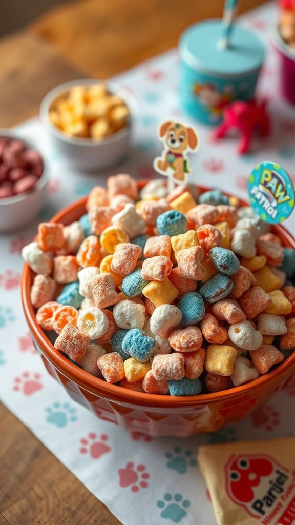 Colorful Puppy Chow Snack Mix in a bowl