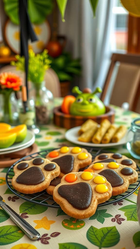 A plate of Puss in Boots paw-print cookies decorated with chocolate and colorful candies on a festive table.