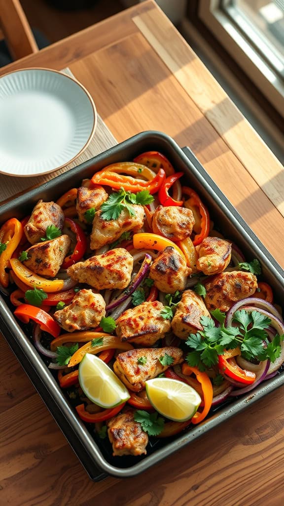 A colorful sheet pan filled with roasted chicken, bell peppers, and onions, garnished with lime and cilantro.