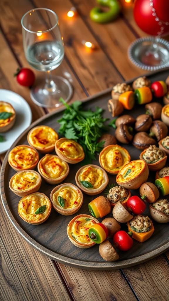 A platter of mini quiches and stuffed mushrooms, perfect for engagement party appetizers.